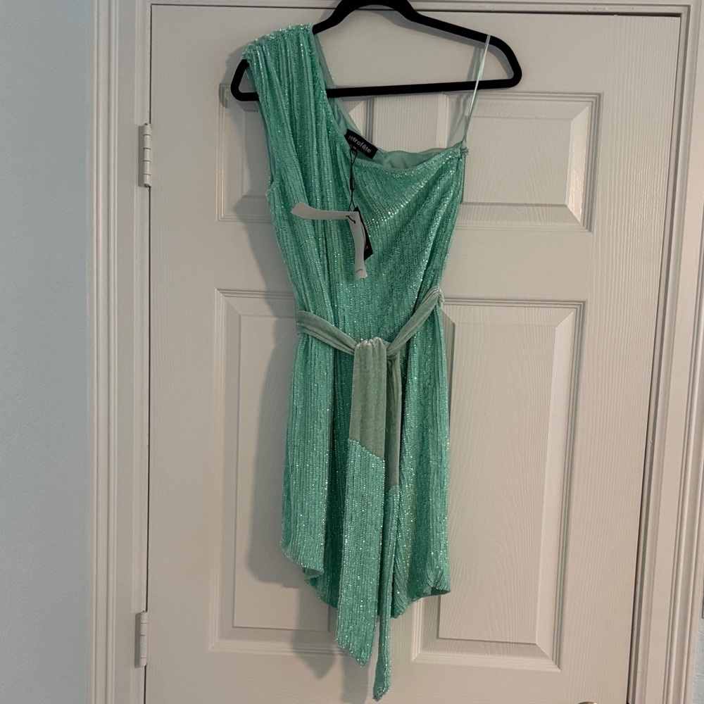 Retrofete One Shoulder Mint Sequin Dress